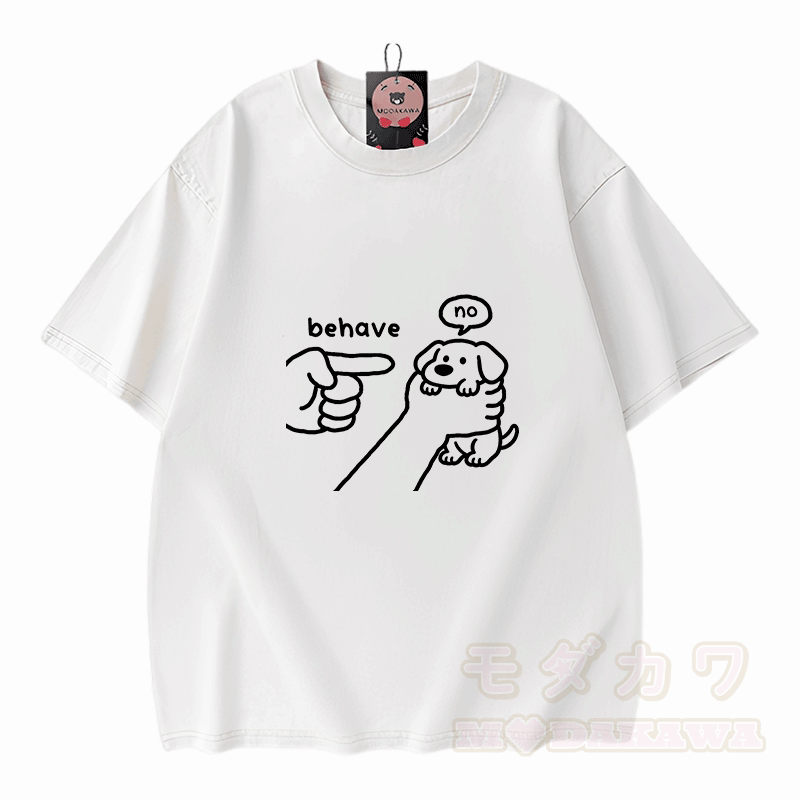 BEHAVE NO Puppy Graphic Modakawa Vintage Washed 100% Cotton T-Shirt - Weiß - 5XL - image 3