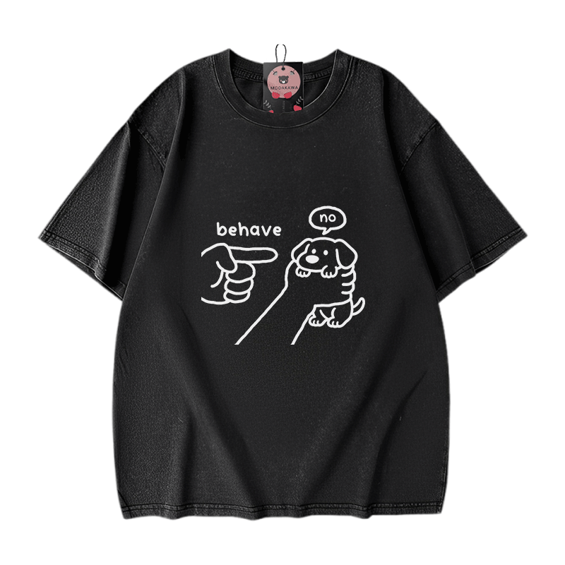 BEHAVE NO Puppy Graphic Modakawa Vintage Washed 100% Cotton T-Shirt - Black - 5XL - image 2