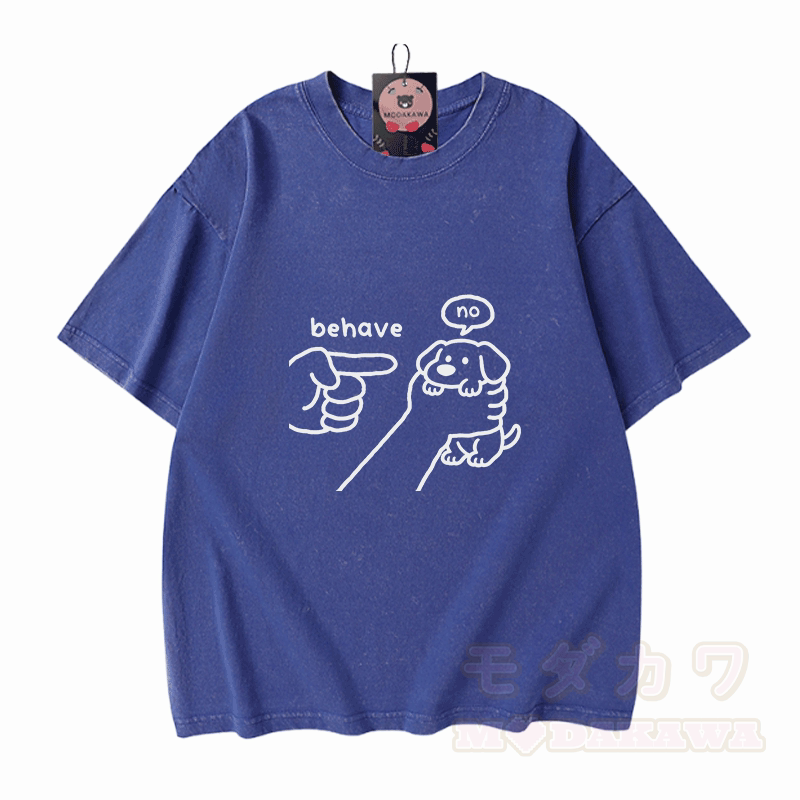 BEHAVE NO Puppy Graphic Modakawa Vintage Washed 100% Cotton T-Shirt - Blau - 5XL - image 4