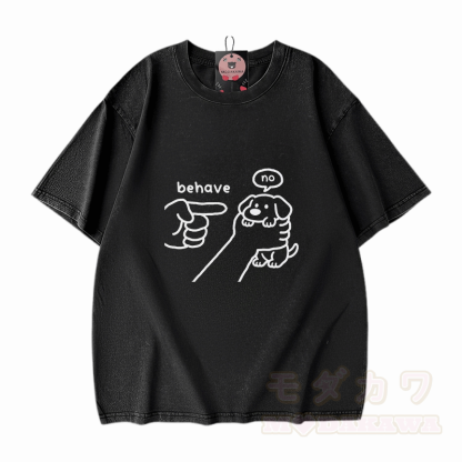BEHAVE NO Puppy Graphic Modakawa Vintage Washed 100% Cotton T-Shirt - Schwarz - 5XL - image 2