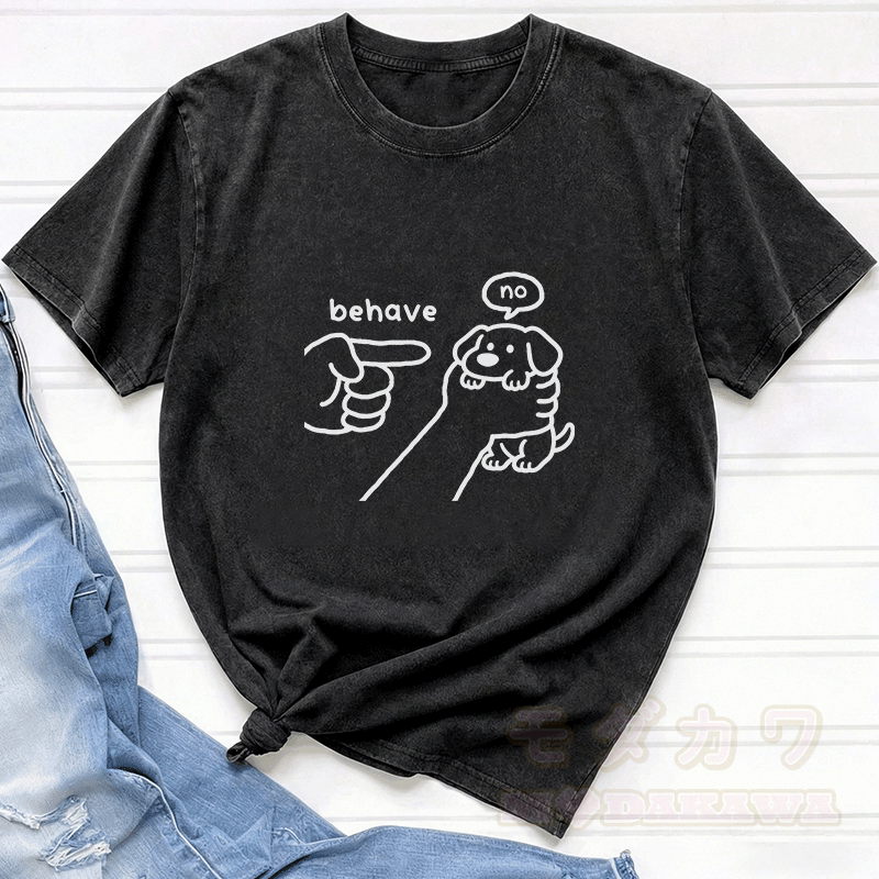 BEHAVE NO Puppy Graphic Modakawa Vintage Washed 100% Cotton T-Shirt - image 1