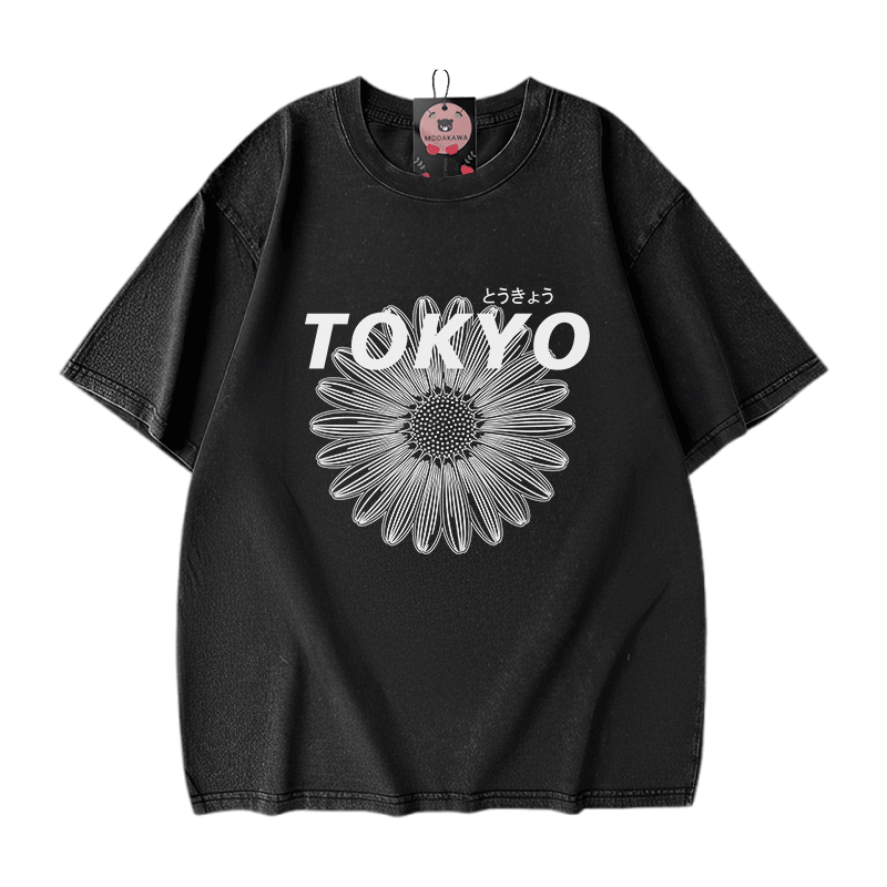 TOKYO Blumengrafik Modakawa Vintage gewaschenes T-Shirt aus 100% Baumwolle - Black - 5XL - image 1