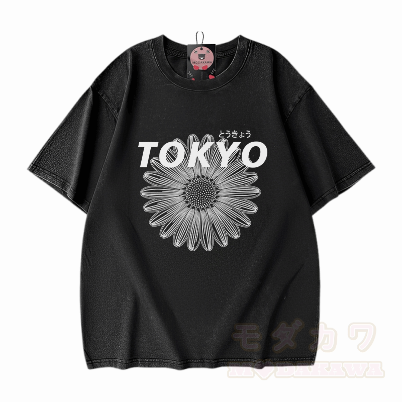 TOKYO Blumengrafik Modakawa Vintage gewaschenes T-Shirt aus 100% Baumwolle - Schwarz - 5XL - image 1