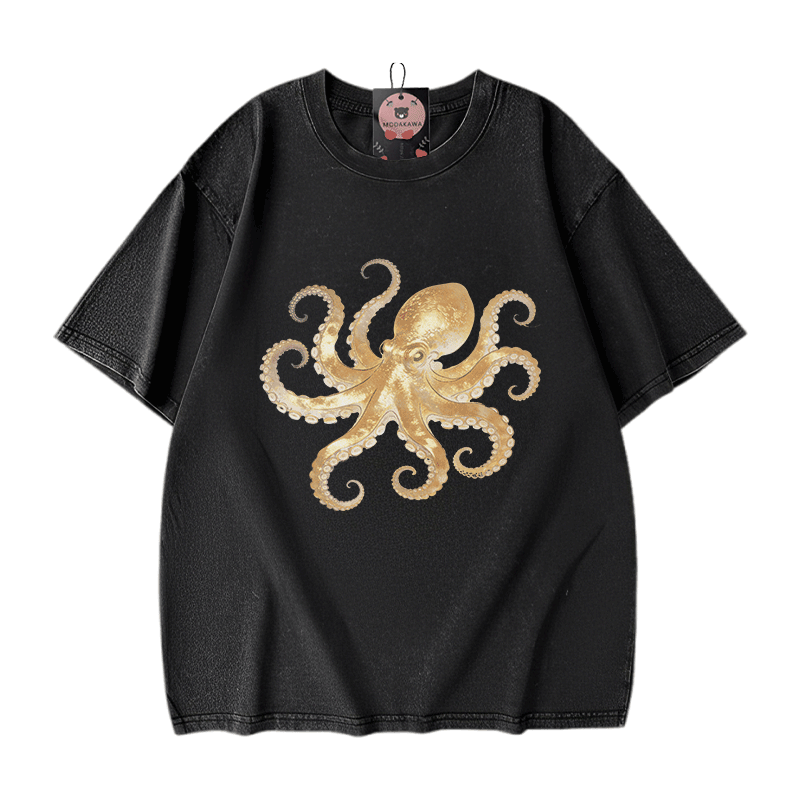 Modakawa Vintage T-Shirt mit Oktopus-Motiv, gewaschen aus 100 % Baumwolle - Black - 5XL - image 2