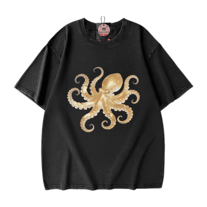 Modakawa Vintage T-Shirt mit Oktopus-Motiv, gewaschen, 100 % Baumwolle - Black - 5XL - image 2