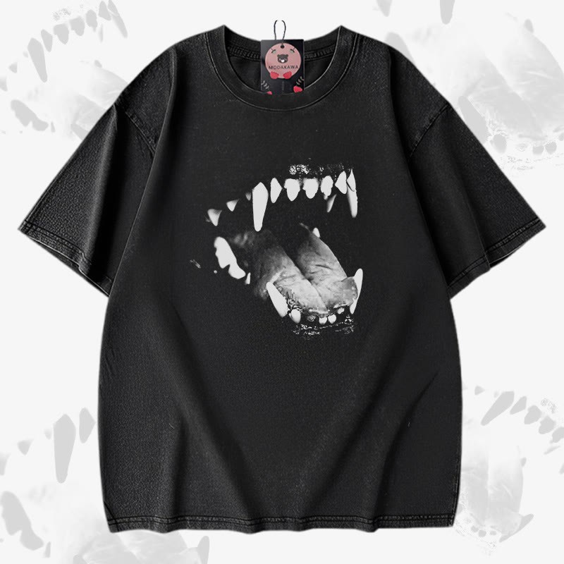 Modakawa Vintage-T-Shirt aus 100 % Baumwolle mit Hundezahn-Motiv - Black - 5XL - image 2