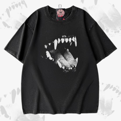 Modakawa Vintage-T-Shirt aus 100 % Baumwolle mit Hundezahn-Motiv - Black - 5XL - image 2