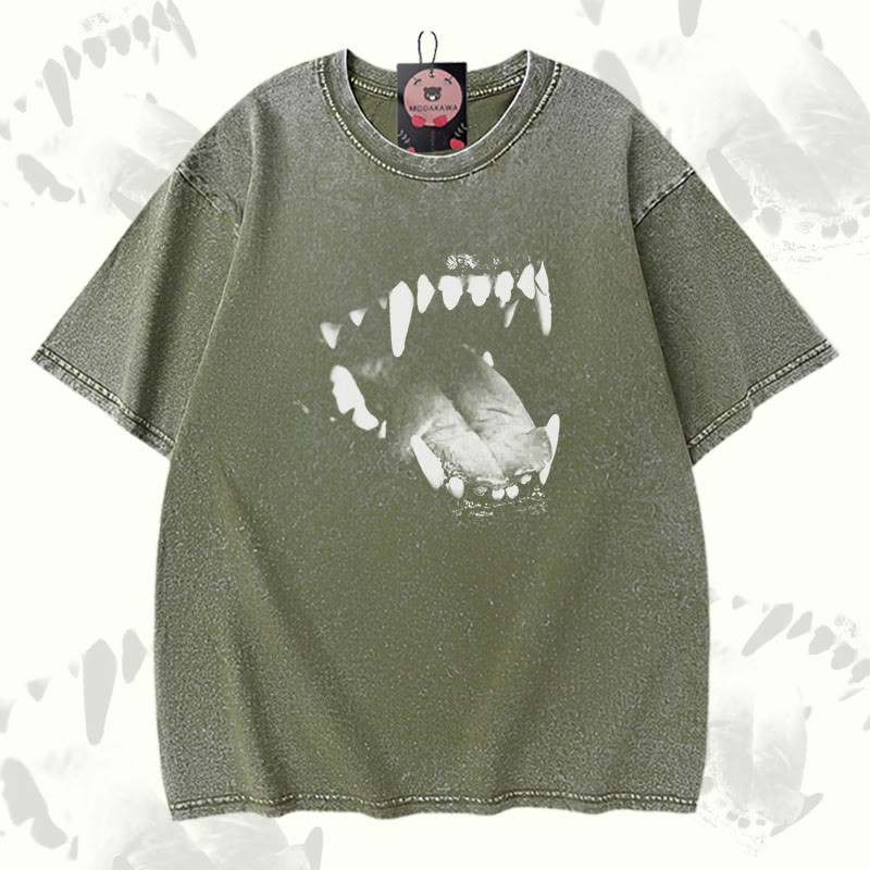 Modakawa Vintage-T-Shirt aus 100 % Baumwolle mit Hundezahn-Motiv - Green - 5XL - image 1
