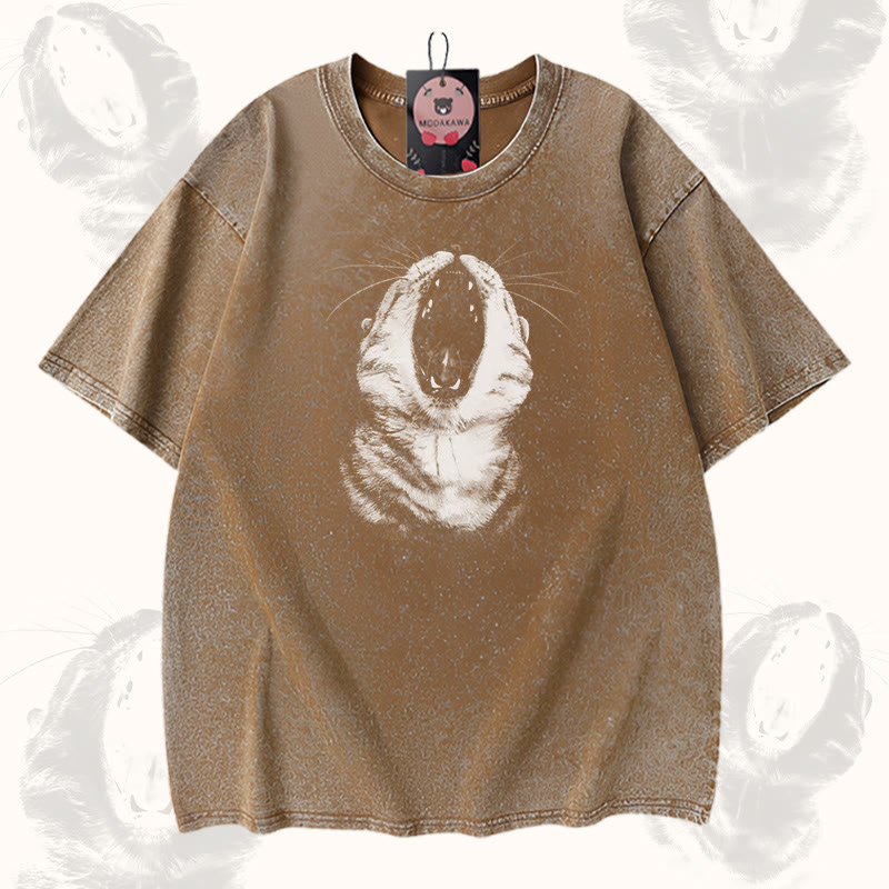 Modakawa Vintage T-Shirt mit Katzenmaul-Motiv, gewaschen aus 100 % Baumwolle - Brown - 5XL - image 1