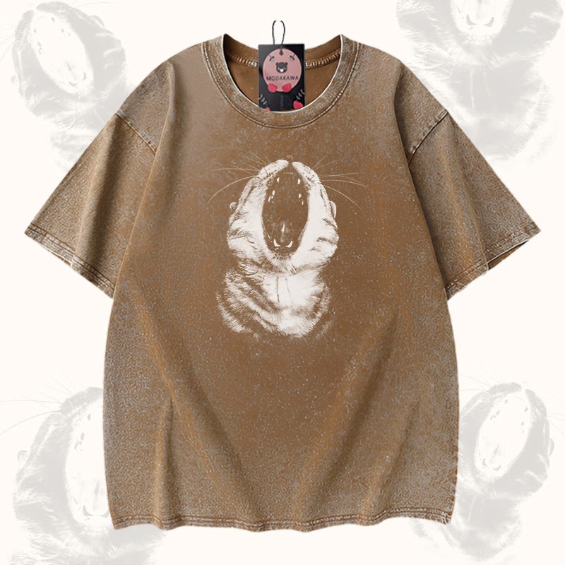 Modakawa Vintage T-Shirt mit Katzenmaul-Motiv, gewaschen aus 100 % Baumwolle - Brown - 5XL - image 1