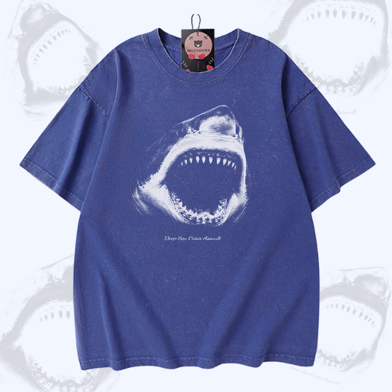 Modakawa Vintage T-Shirt mit Haifischmaul-Motiv, gewaschen aus 100 % Baumwolle - Blue - 5XL - image 1