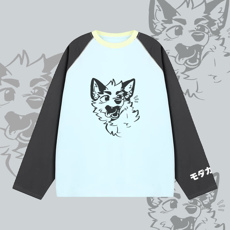 MODAKAWA X atka Surprised Fox Graphic Farben Block Raglan Sleeve Long Sleeve T-Shirt - Blue - 2XL - image 2