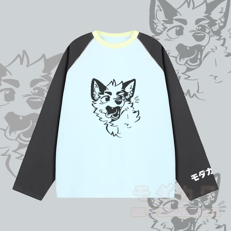 MODAKAWA X atka Surprised Fox Graphic Farben Block Raglan Sleeve Long Sleeve T-Shirt - Blau - 2XL - image 2