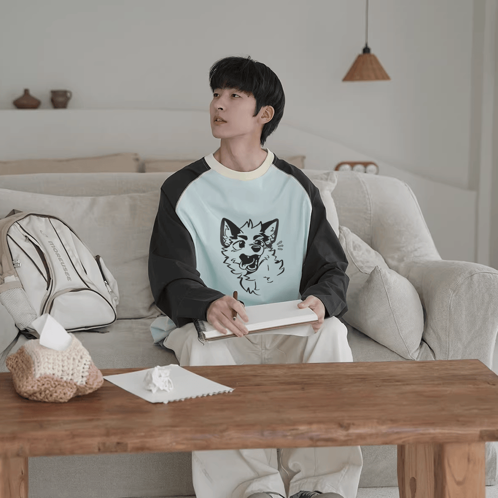 MODAKAWA X atka Surprised Fox Graphic Farben Block Raglan Sleeve Long Sleeve T-Shirt - image 1