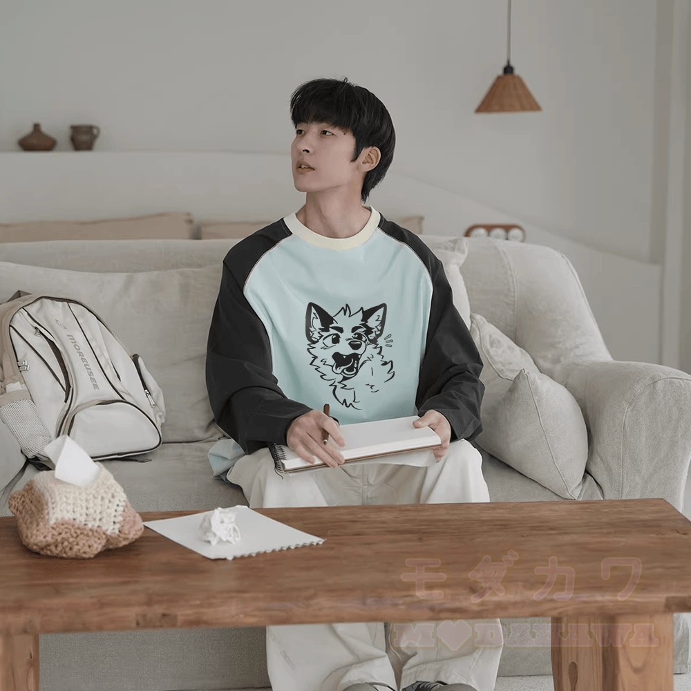 MODAKAWA X atka Surprised Fox Graphic Farben Block Raglan Sleeve Long Sleeve T-Shirt - image 1