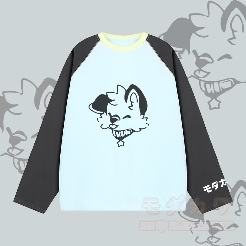 MODAKAWA X popipeko Fröhlicher Welpe Grafik- Farben Raglanärmel Langarm-T-Shirt - Blau - 2XL - image 3