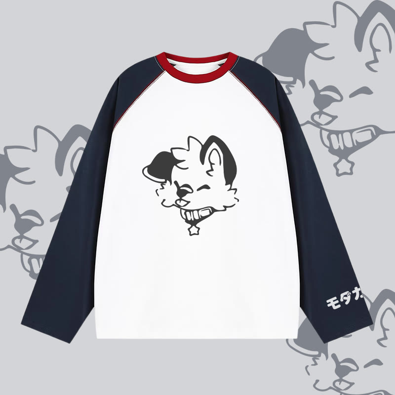 MODAKAWA X popipeko Fröhlicher Welpe Grafik- Farben Raglanärmel Langarm-T-Shirt - White - 2XL - image 2