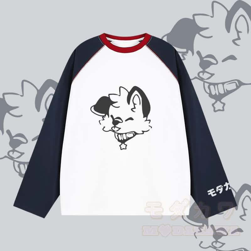 MODAKAWA X popipeko Fröhlicher Welpe Grafik- Farben Raglanärmel Langarm-T-Shirt - Weiß - 2XL - image 2