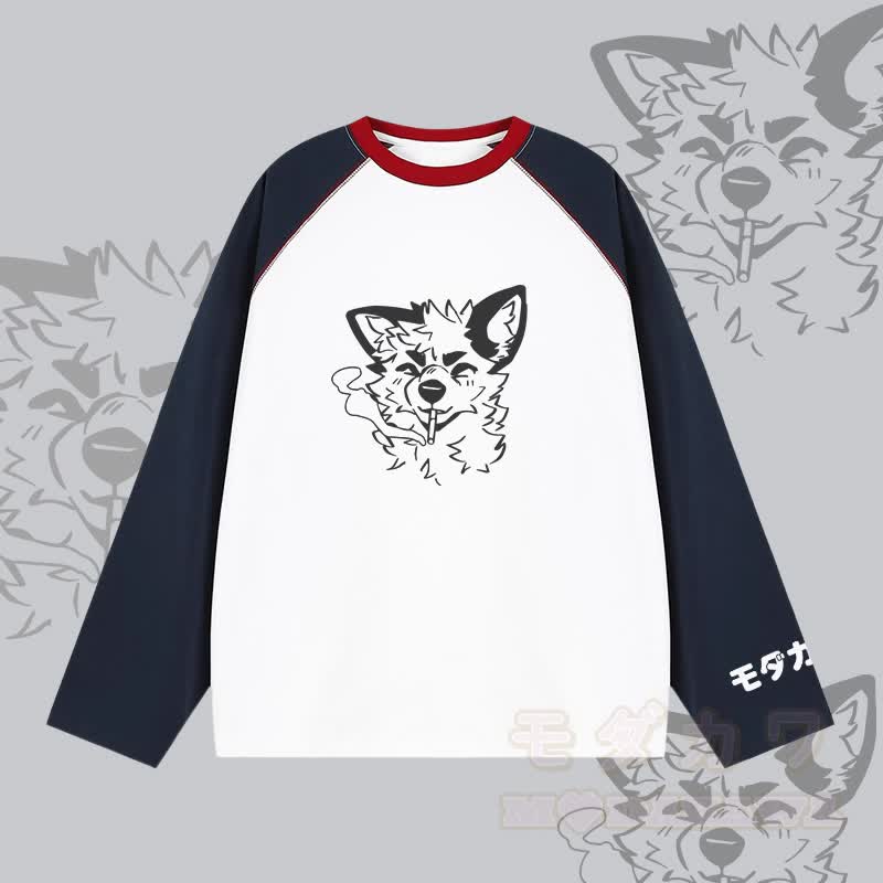 MODAKAWA X atka Smoking Fox Graphic Farben Block Raglan Sleeve Long Sleeve T-Shirt - Weiß - 2XL - image 4