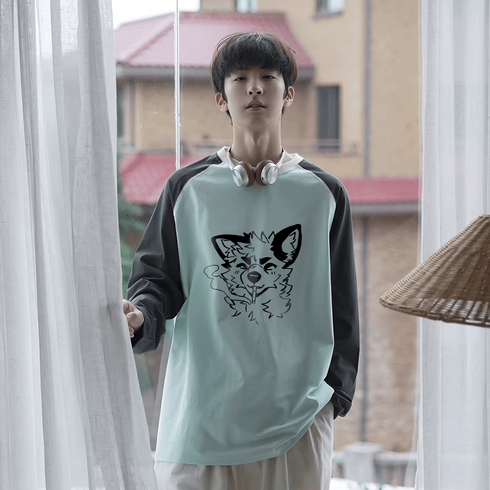 MODAKAWA X atka Smoking Fox Graphic Farben Block Raglan Langarm-T-Shirt - image 1