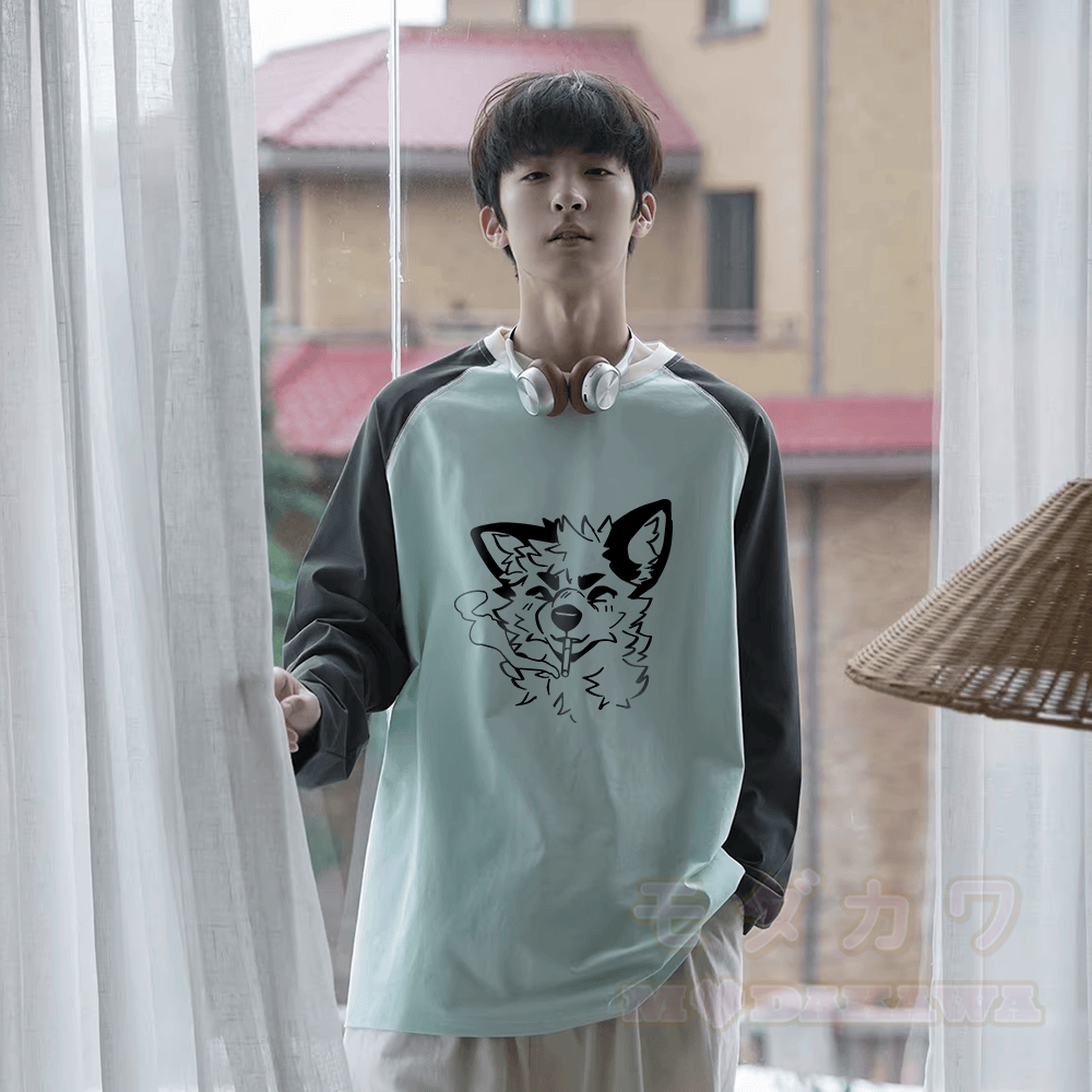 MODAKAWA X atka Smoking Fox Graphic Farben Block Raglan Sleeve Long Sleeve T-Shirt - image 1