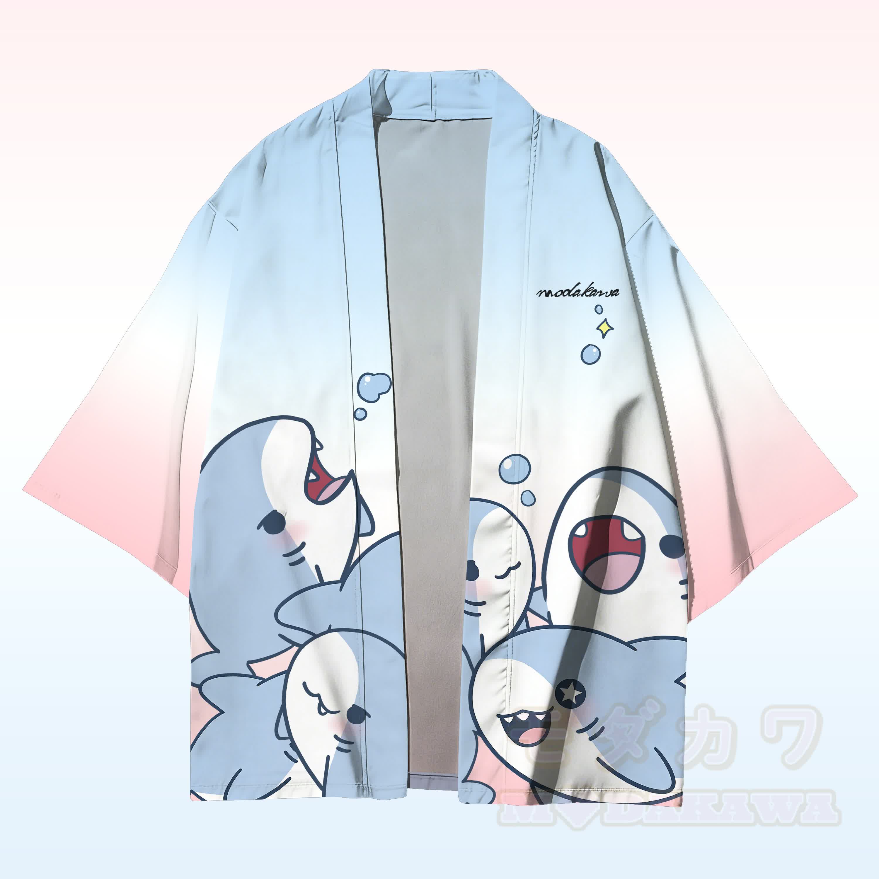 Fröhliche Haie Grafik Modakawa Farben Cardigan Kimono Oberbekleidung - Blau & Rosa - 3XL - image 1