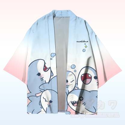 Fröhliche Haie Grafik Modakawa Farben Cardigan Kimono Oberbekleidung - Blau & Rosa - 3XL - image 1