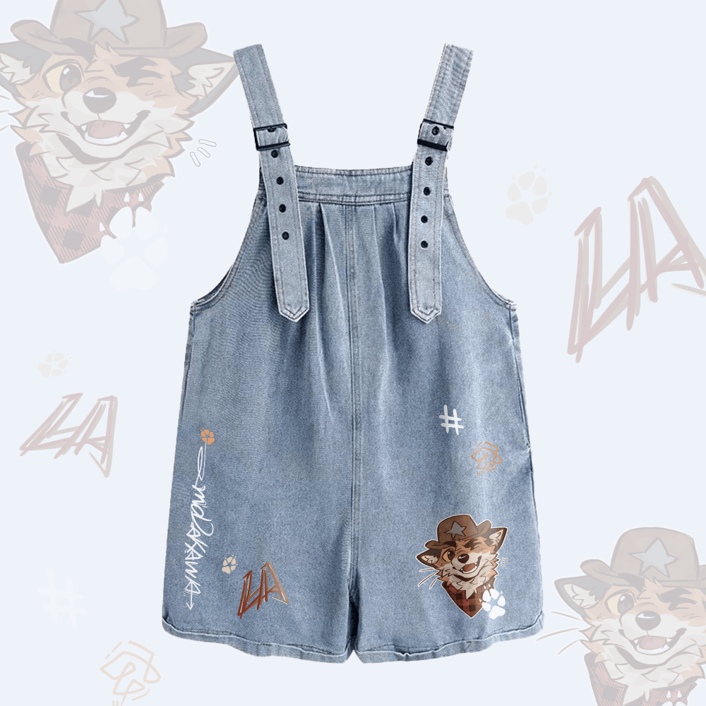 MODAKAWA X atka Cowboy Fox Graphic Wide Leg Denim Overalls Shorts - Light Blue - 2XL - image 2