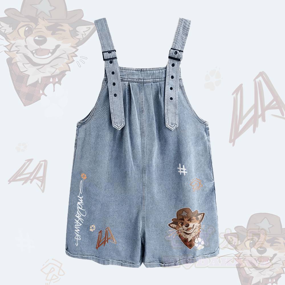 MODAKAWA X atka Cowboy Fox Graphic Wide Leg Denim Overalls Shorts - Hellblau - L - image 2