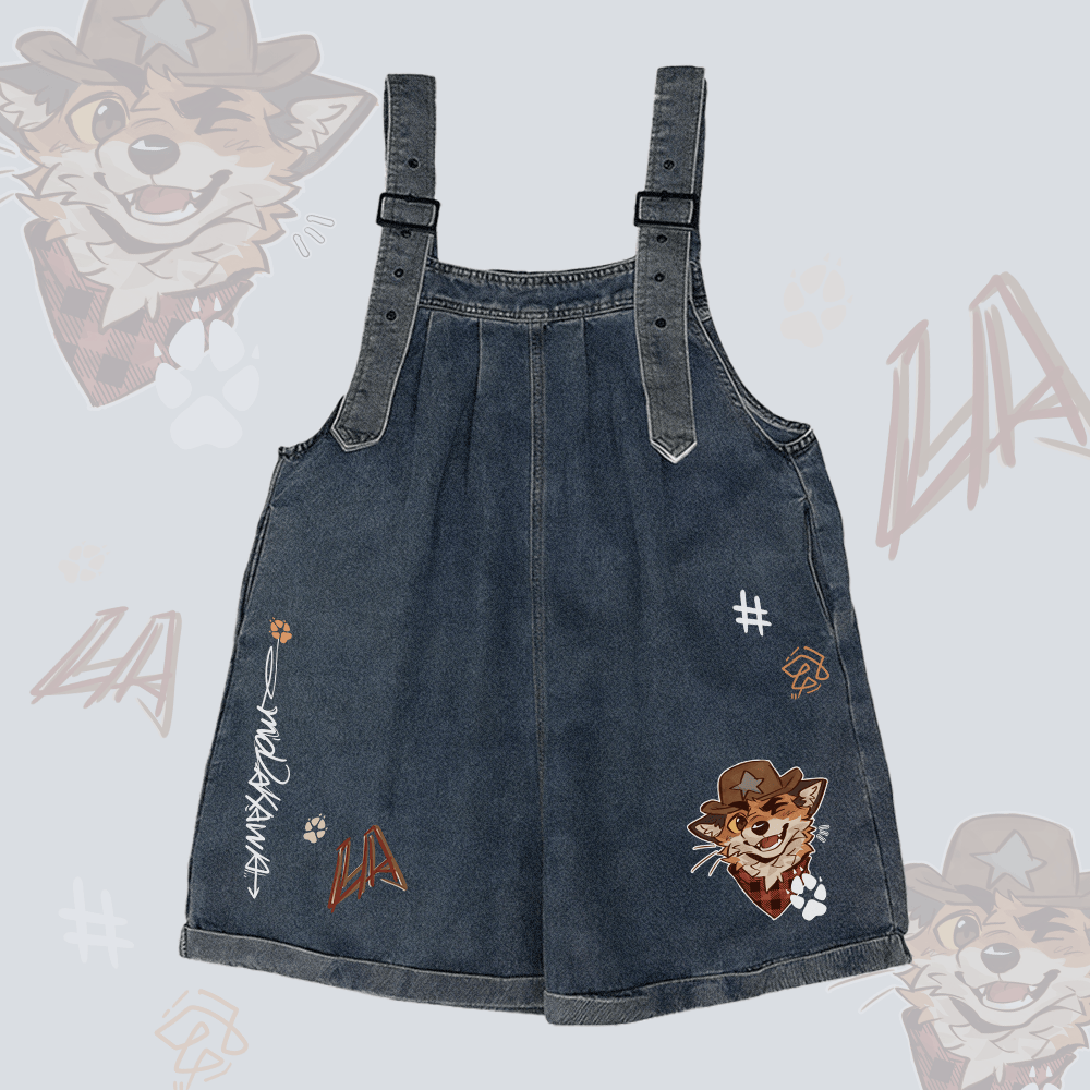 MODAKAWA X atka Cowboy Fox Graphic Wide Leg Denim Overalls Shorts - Dark Blue - 2XL - image 1