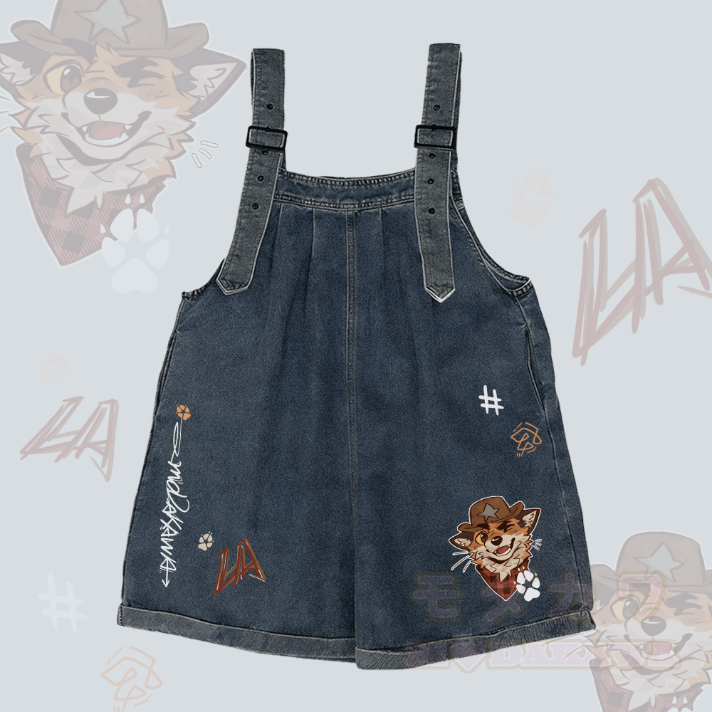 MODAKAWA X atka Cowboy Fox Graphic Wide Leg Denim Overalls Shorts - Dunkelblau - L - image 1