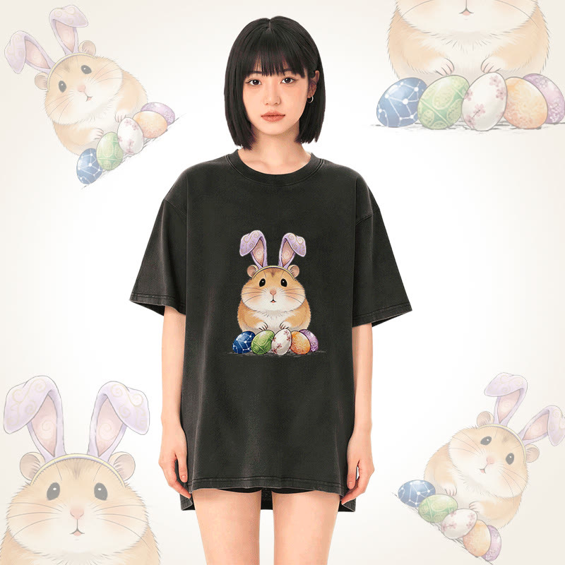 Modakawa Unisex Vintage Washed T-Shirt mit Osterei-Hamster-Motiv - image 2