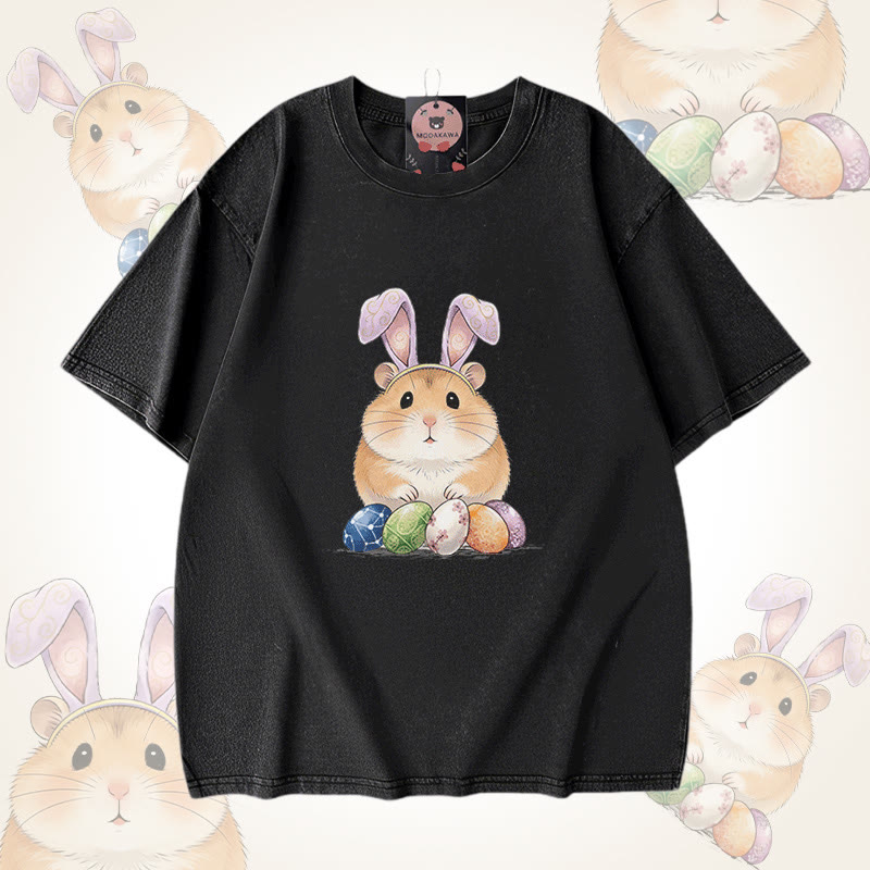 Modakawa Unisex Vintage Washed T-Shirt mit Osterei-Hamster-Motiv - Black - 5XL - image 1