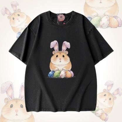 Modakawa Unisex Vintage Washed T-Shirt mit Osterei-Hamster-Motiv - Black - 5XL - image 1