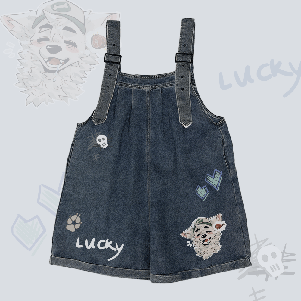 MODAKAWA X atka Fox Wants Meat Grafik Weite Denim Overalls Shorts - Dark Blue - 2XL - image 1