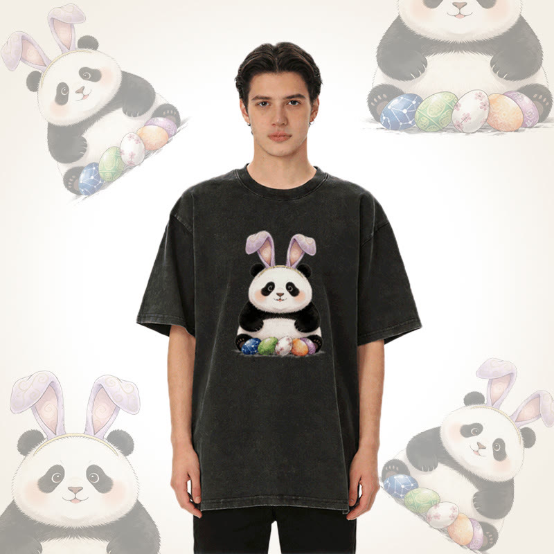 Modakawa Unisex Vintage Washed T-Shirt mit Ostereier-Panda-Grafik - image 2