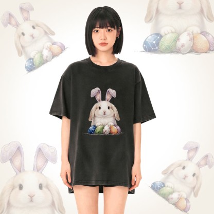 Modakawa Unisex Vintage Washed T-Shirt mit Osterhasen-Motiv - image 2