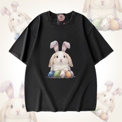 Modakawa Unisex Vintage Washed T-Shirt mit Osterhasen-Motiv - Black - 5XL - image 1