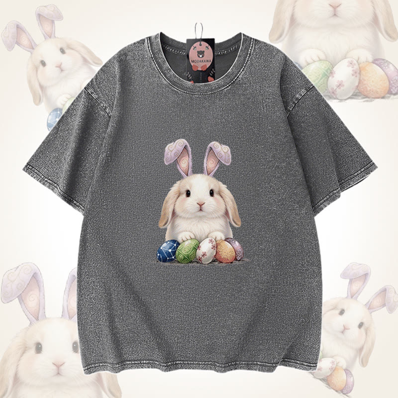 Modakawa Unisex Vintage Washed T-Shirt mit Osterhasen-Motiv - Grey - 5XL - image 6