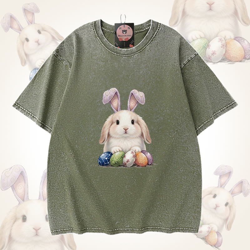 Modakawa Unisex Vintage Washed T-Shirt mit Osterhasen-Motiv - Green - 5XL - image 5