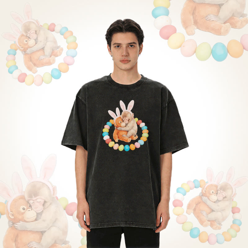 Modakawa Unisex Vintage Washed T-Shirt mit Osterei-Affen-Motiv - image 2