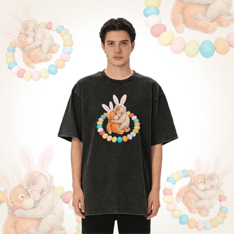 Modakawa Unisex Vintage Washed T-Shirt mit Osterei-Affen-Motiv - image 2