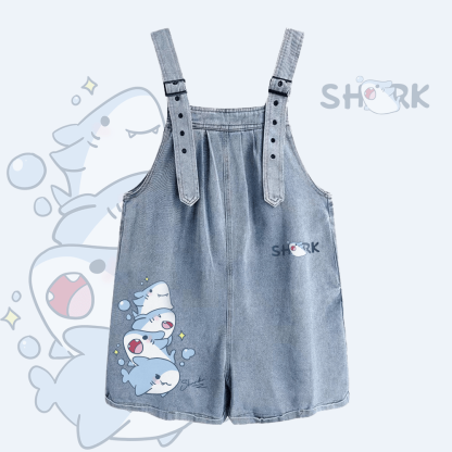 Jeans-Overalls-Shorts mit Hai-Motiv und weitem Bein - Light Blue - 2XL - image 1