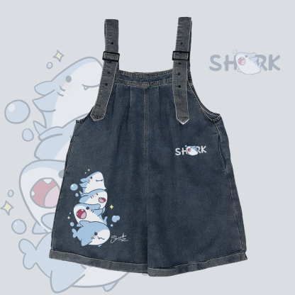 Jeans-Overalls-Shorts mit Hai-Motiv und weitem Bein - Dark Blue - 2XL - image 2