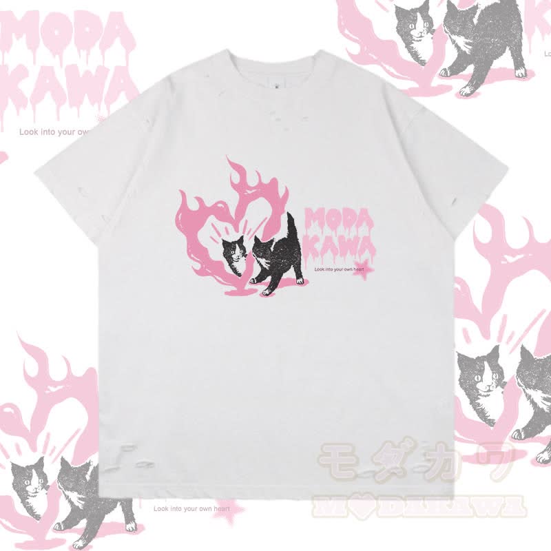 Modakawa Ripped T-Shirt mit Herzkatzen-Grafik - Weiß - 2XL - image 2