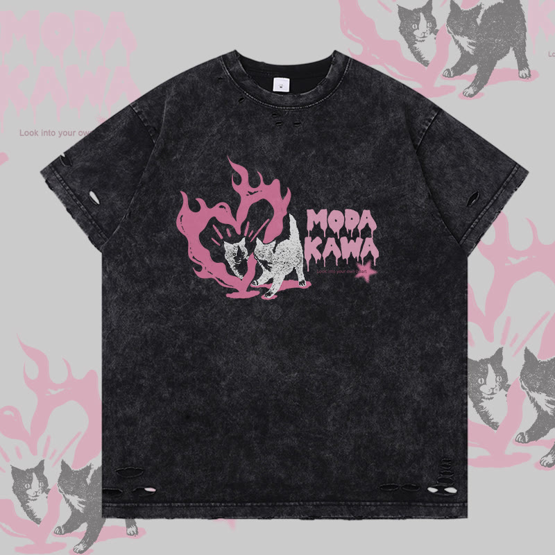 Modakawa Ripped T-Shirt mit Herzkatzen-Grafik - Black - 2XL - image 1