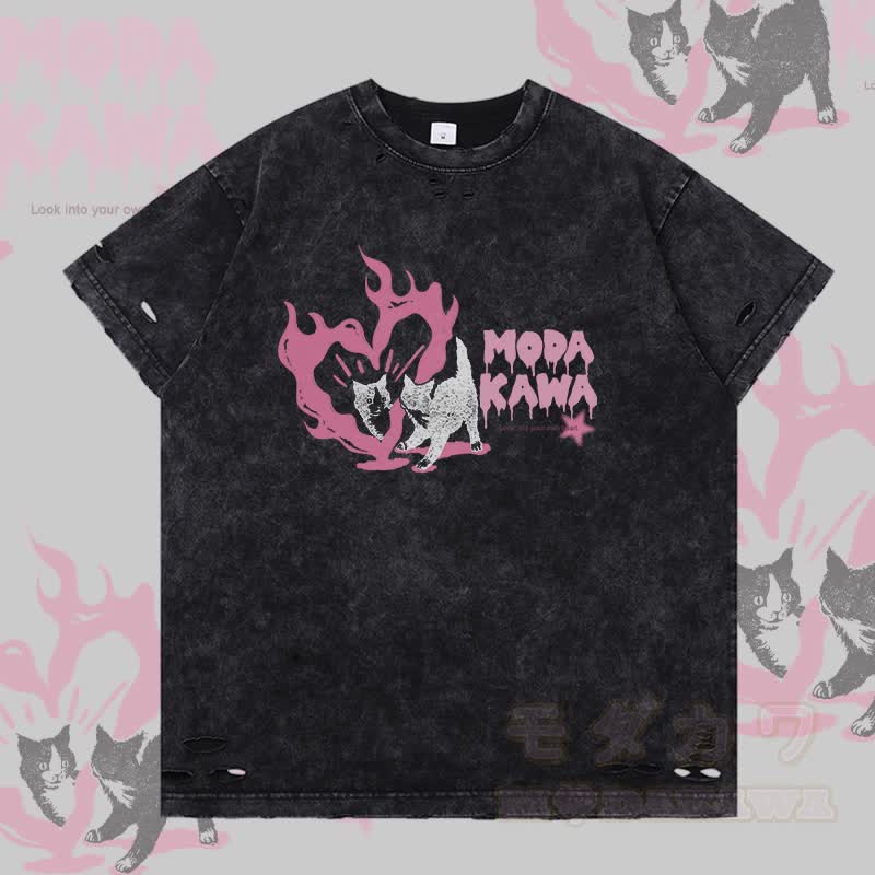 Modakawa Ripped T-Shirt mit Herzkatzen-Grafik - Schwarz - 2XL - image 1