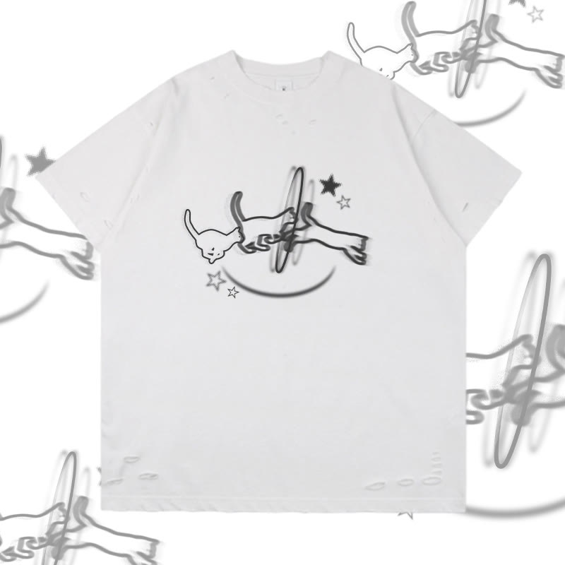 Modakawa T-Shirt mit Katzenmotiv und Rissen - White - 2XL - image 1