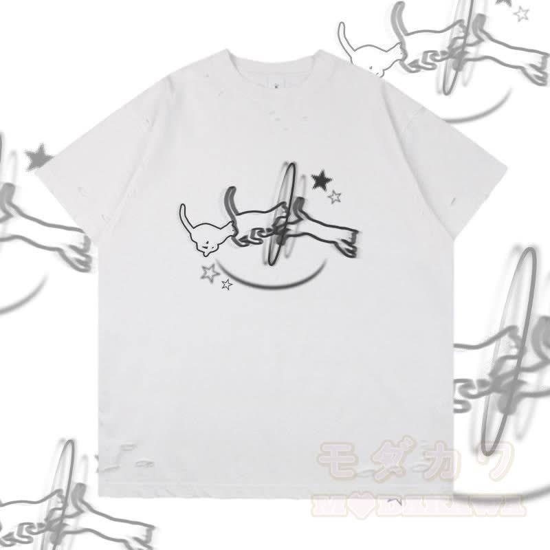 Modakawa T-Shirt mit Katzenmotiv und Rissen - Weiß - 2XL - image 1