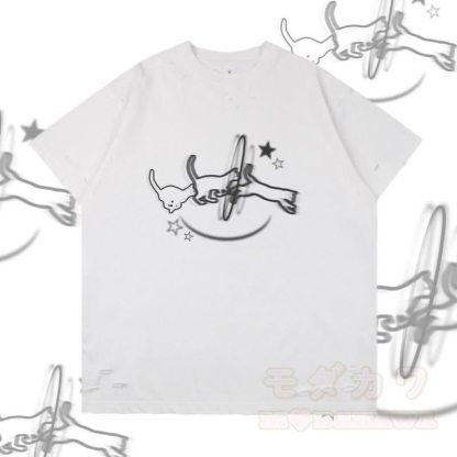Modakawa T-Shirt mit Katzenmotiv und Rissen - Weiß - 2XL - image 1